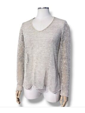 EILEEN FISHER Grey Linen Blend Loose Knit V Neck Pullover Leather Trim Collar